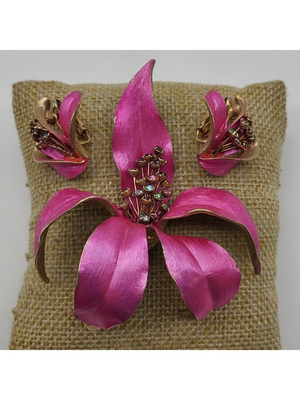 Stunning Enamel Orchid rhinestone brooch pin Clip earring set bold old Hollywood